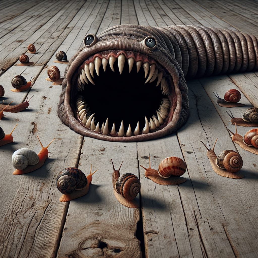 Peculiar Worm Surrounded by Snails on Wood