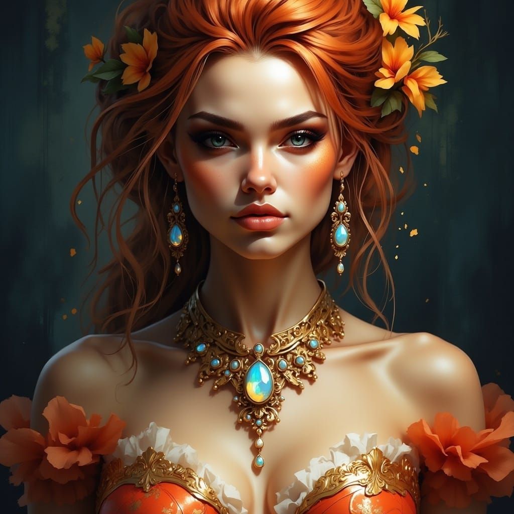 Stunning Portrait of Woman with Red Hair and Opals