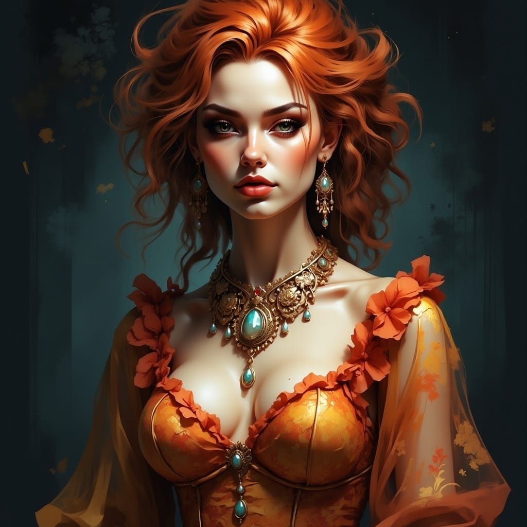 Woman with Red Hair in Ornate Floral Dress