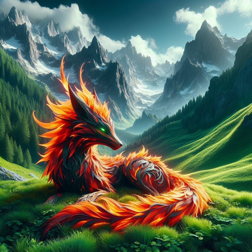 Fiery Fox Creature in Emerald Landscape