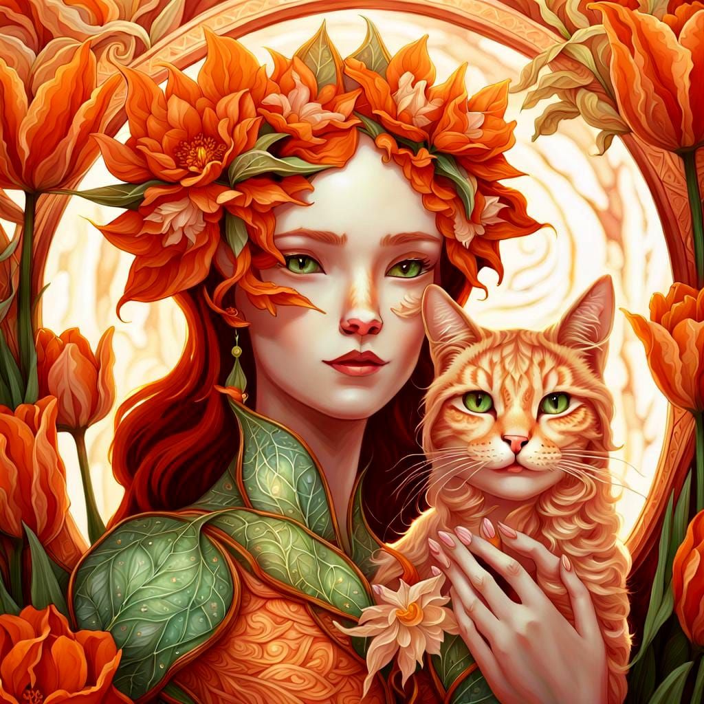 Elf and Cat in Dreamlike Fantasy Scene
