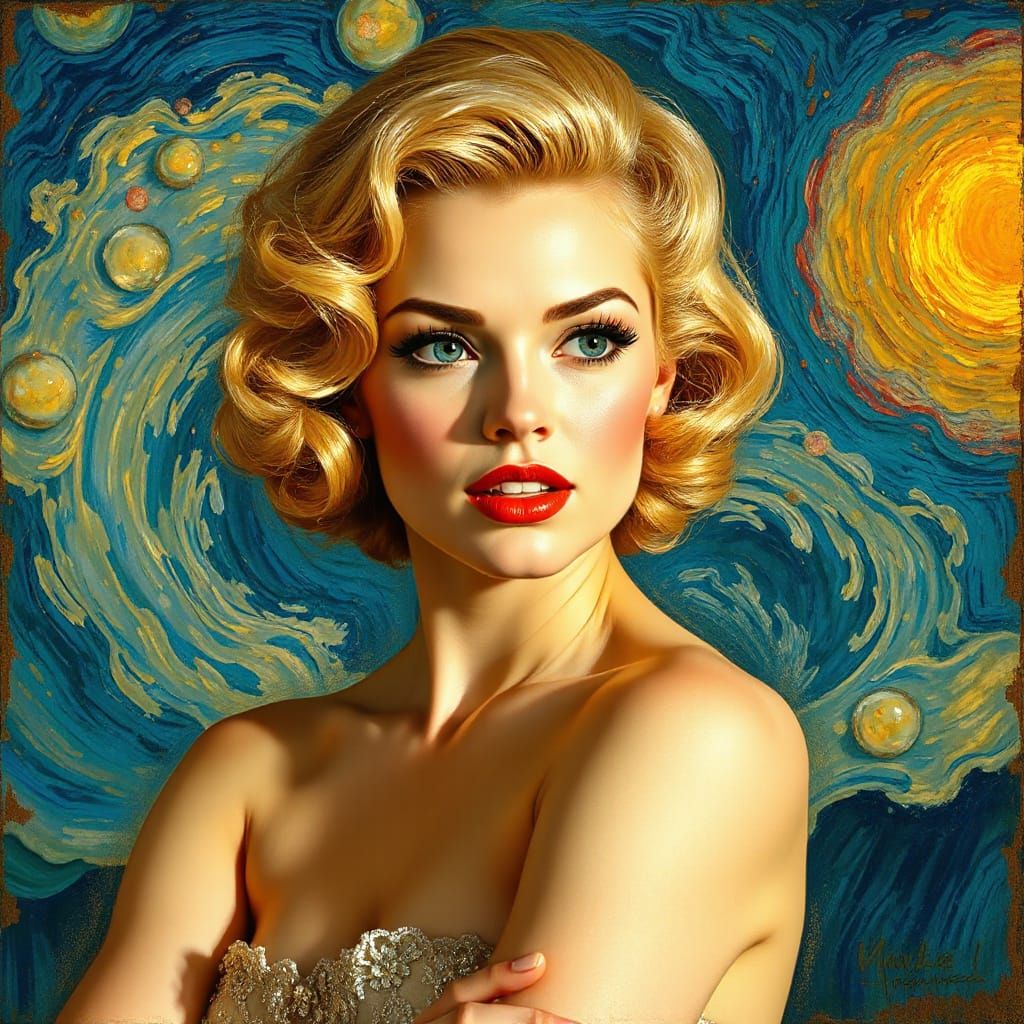 Pin-Up Fusion: Elvgren, Van Gogh, and Max Headroom Aesthetic
