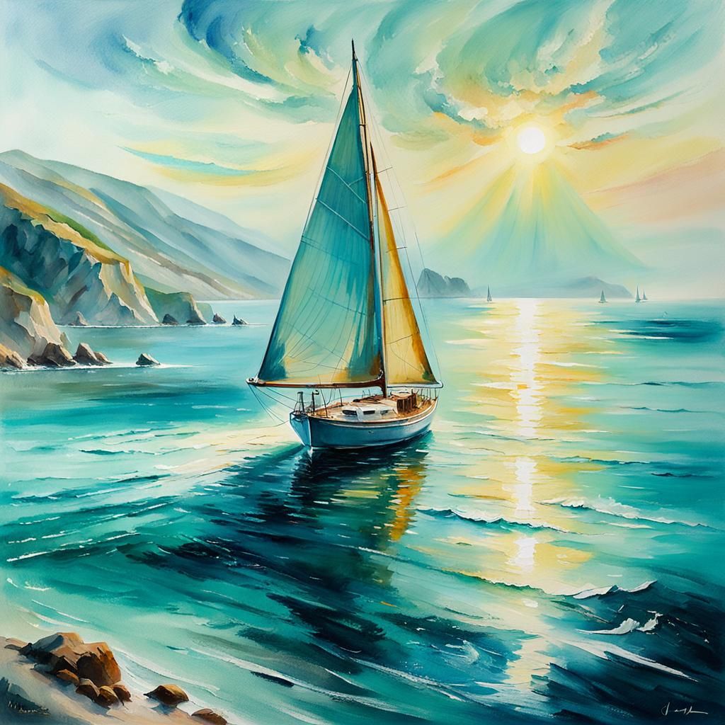 Impressive Oil Painting of a Sailboat in a Peaceful European...