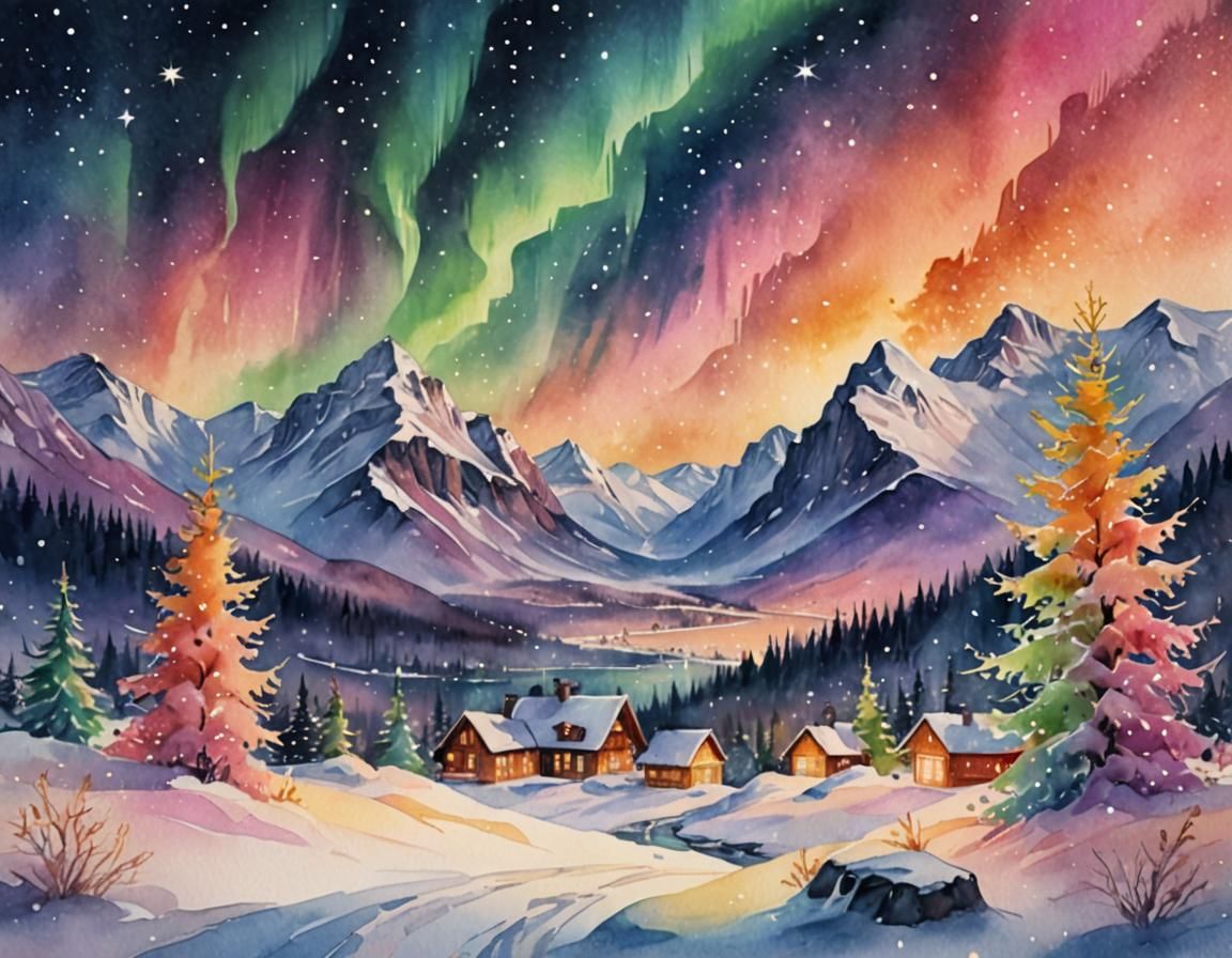 Whimsical Watercolor Christmas Scene with Northern Lights