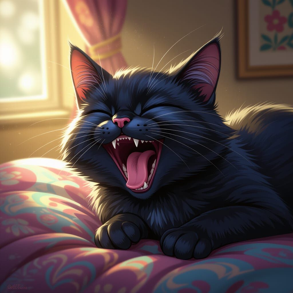 Sleepy Black Cat in Arcane Art Style