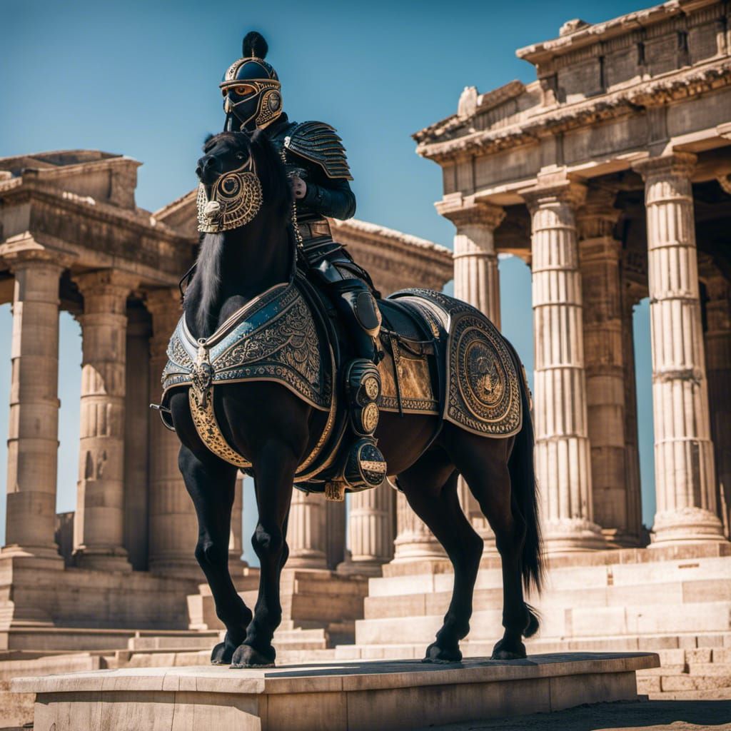 A of half man half horse body Centaurs from Greek mythology wearing a hyperdetail horse body armour base on eastern cult...