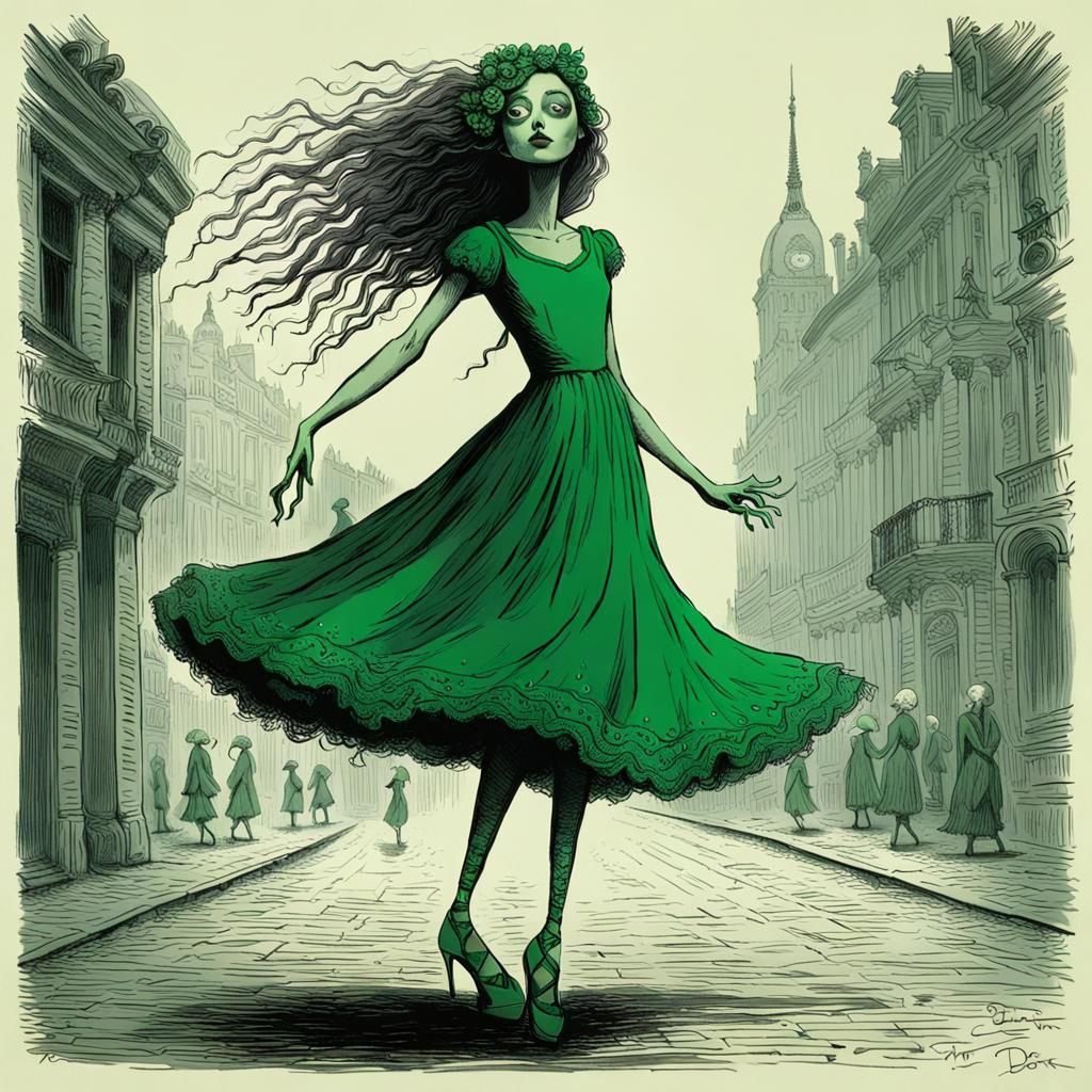 Green Dancer in Dark City, Burton and Doré Style