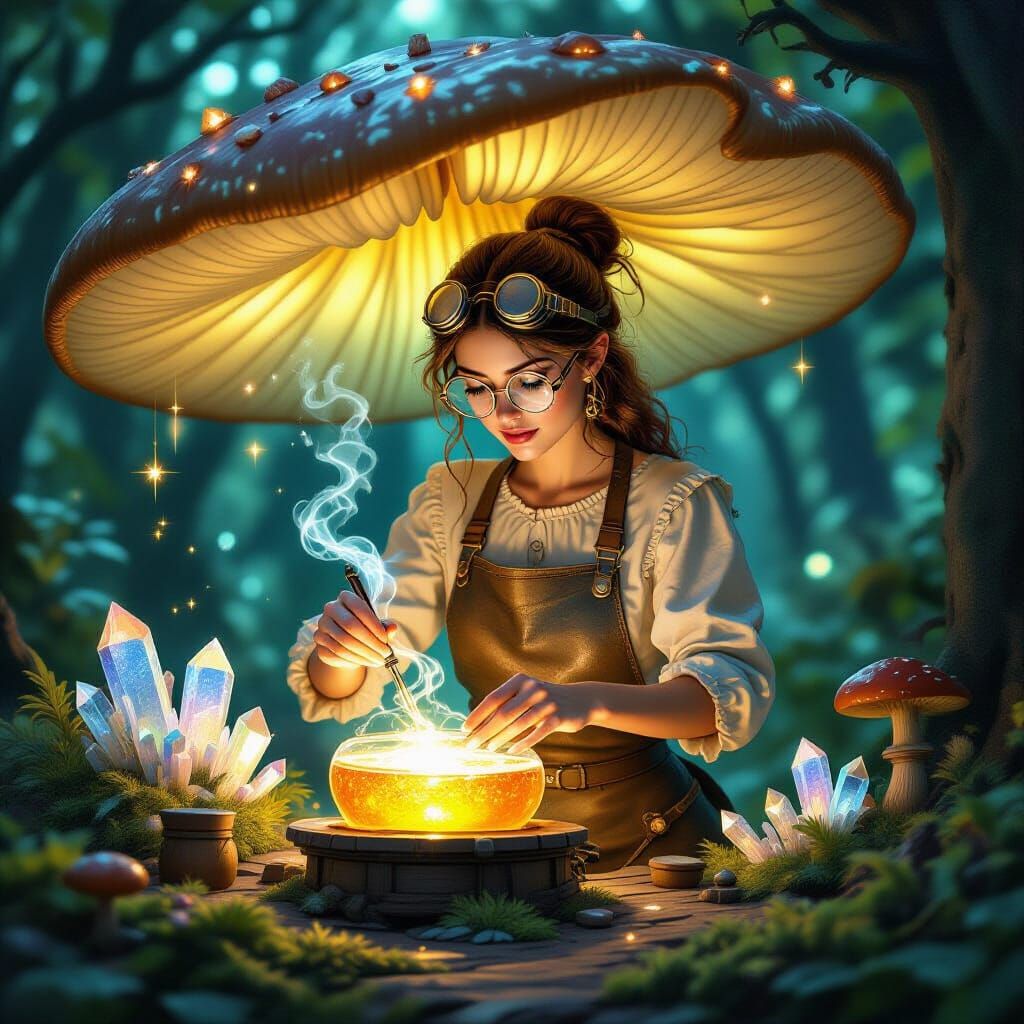 Bioluminescent Butterfly Alchemist in Mushroom Laboratory