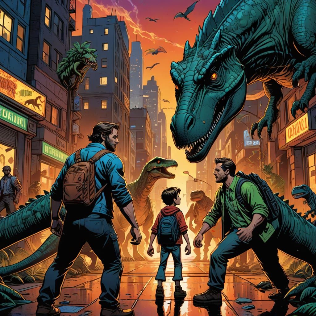 Character Meets Self in Dinosaur-Infested City