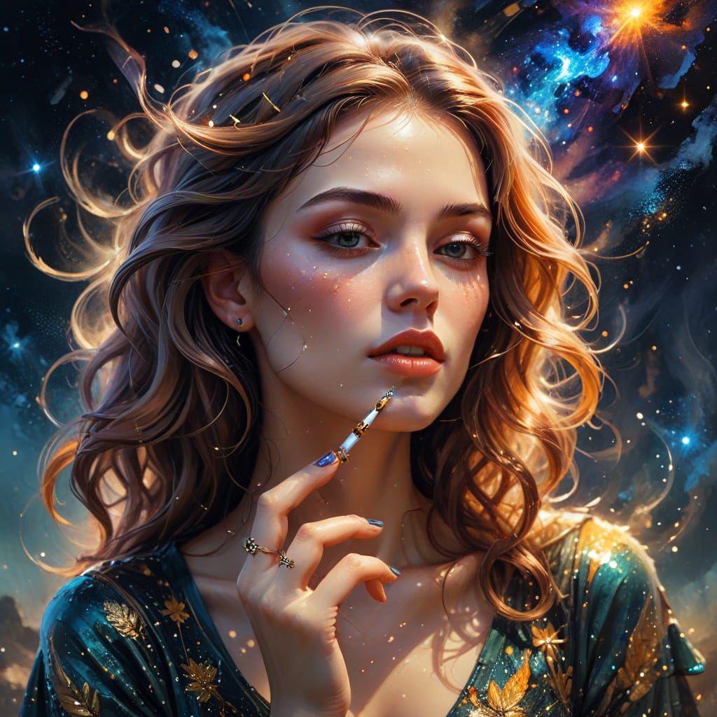 Surreal Portrait of Woman Smoking Marijuana in Cosmic Galaxy