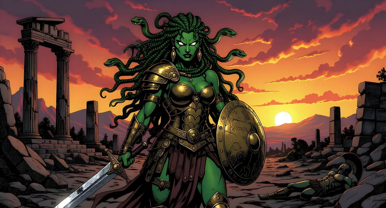 Fierce Medusa Warrior in Desolate Ruins
