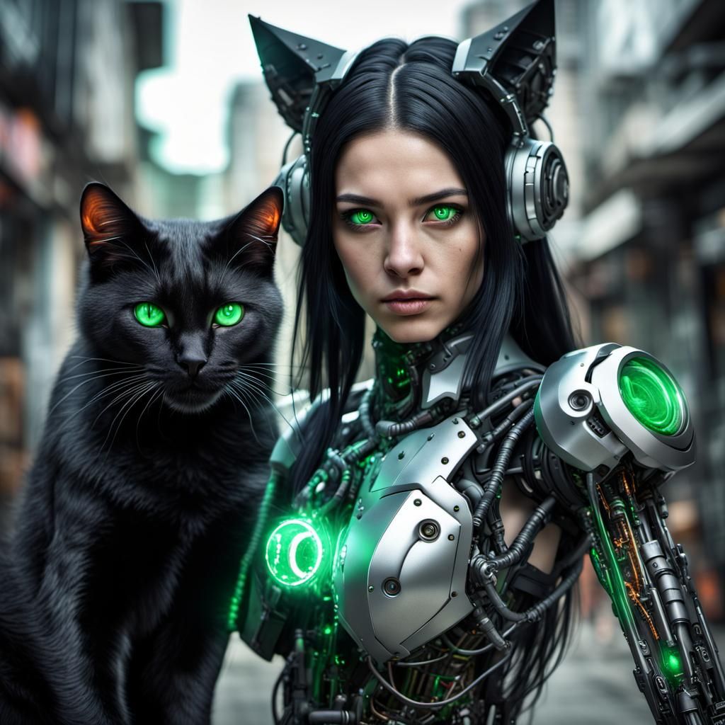 Female Cyborg Witch with Robotic Cat