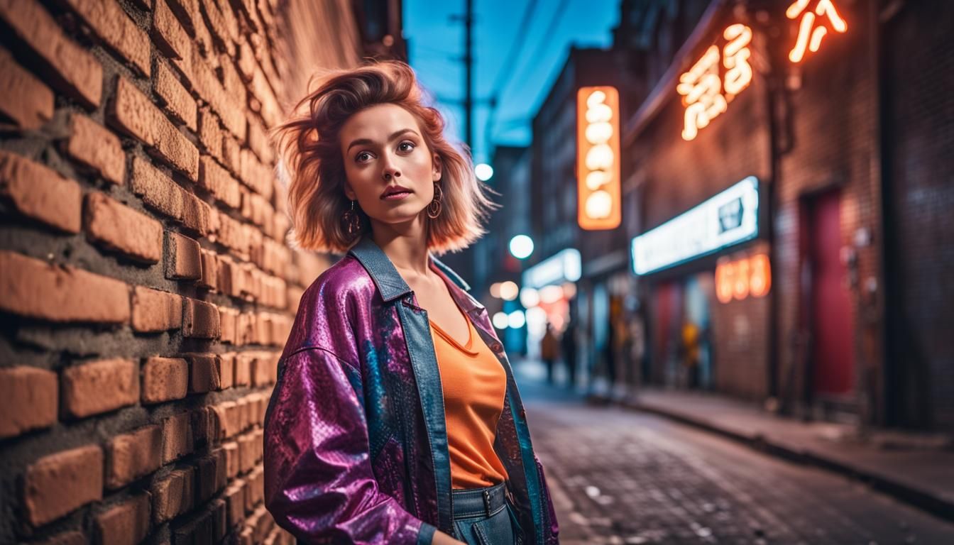 Caucasian Woman in 80s Fashion in Asian City