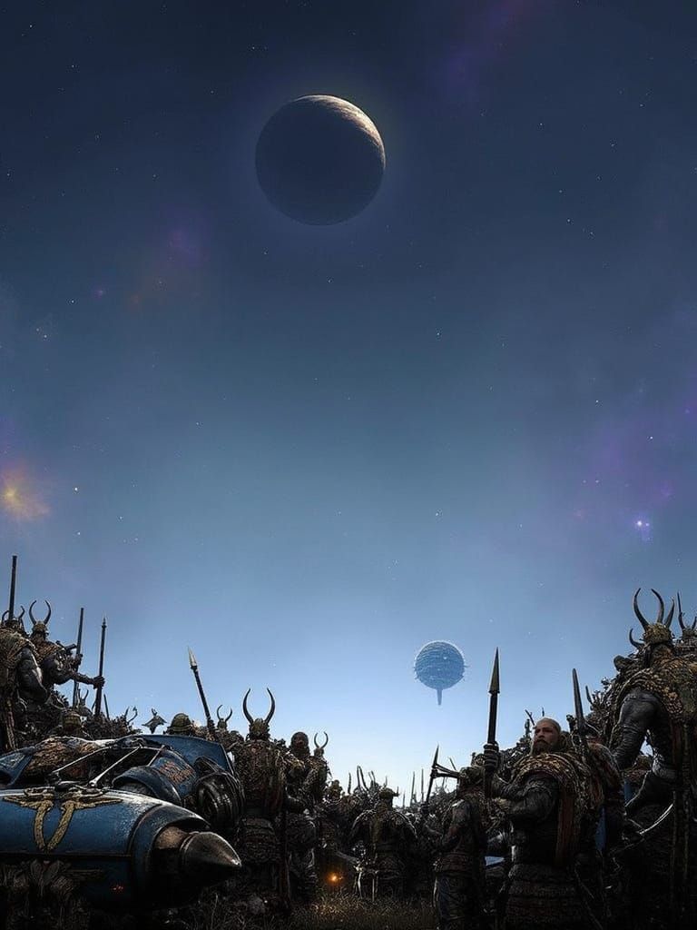 Viking Space Warriors in Drakkar Ship Navigate Stars and Dar...