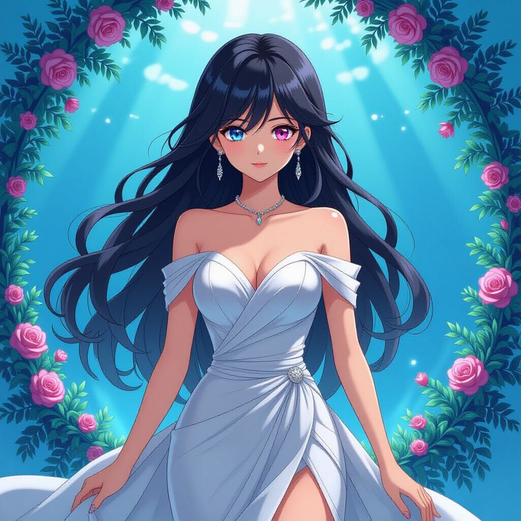 Anime Girl in Silver Dress with Heterochromia, Shinkai Style