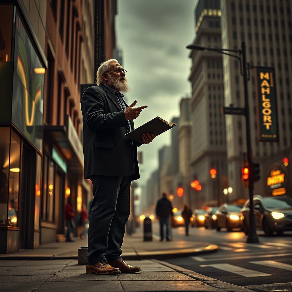 Hyperrealistic Preacher Delivers Sermon on Street Corner