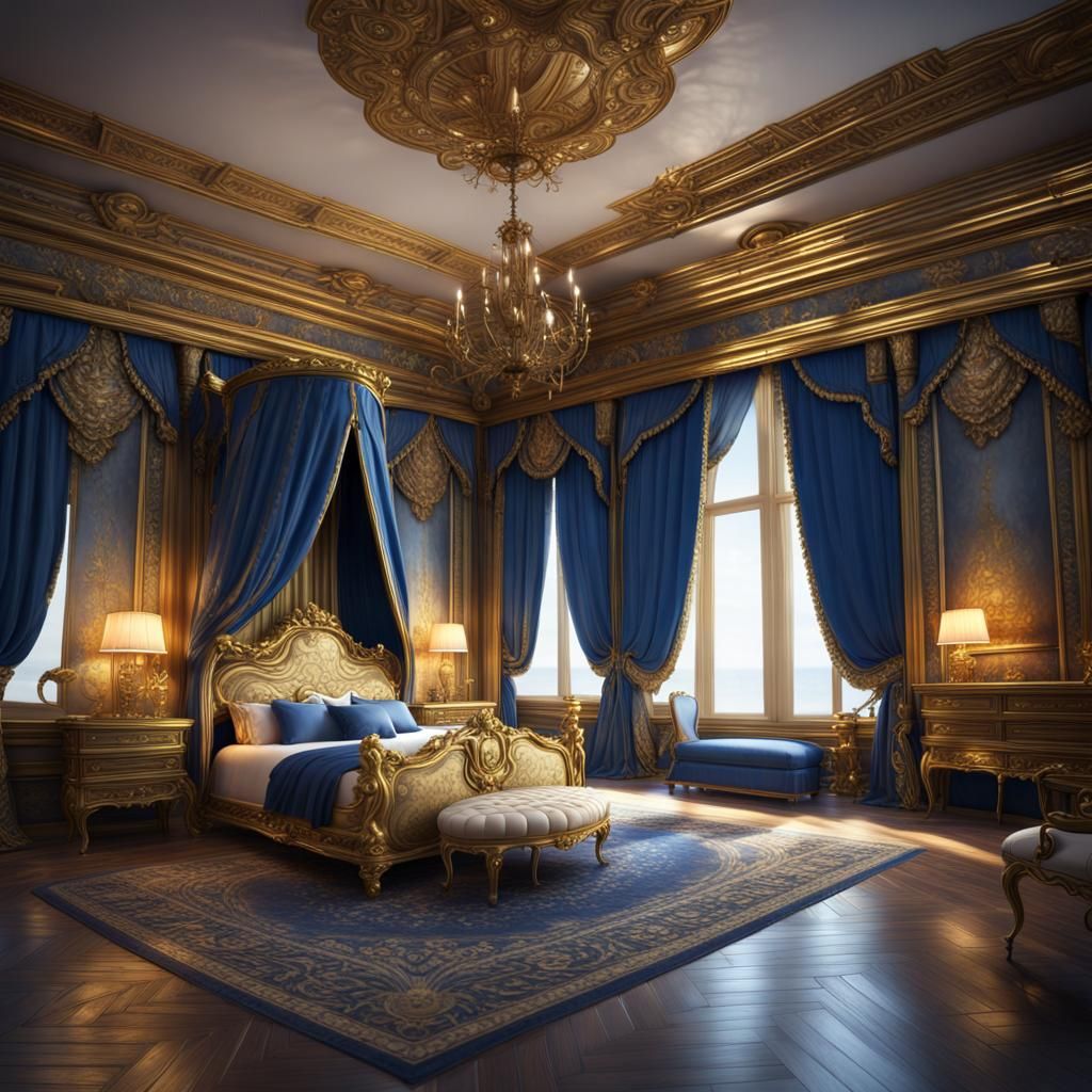 Luxurious Royal Bedroom with Gold and Blue Accents
