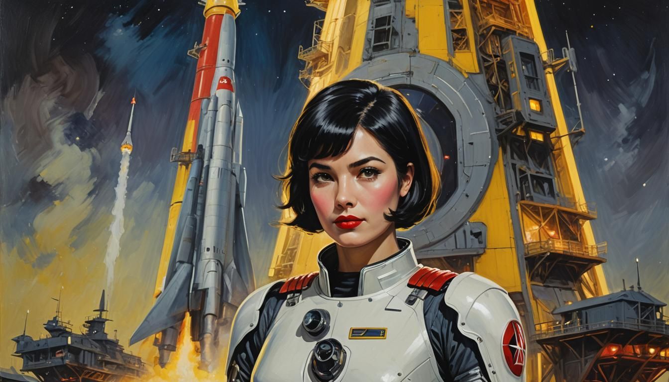 Vintage Woman in Armor at Rocket Launch, Acrylic Painting
