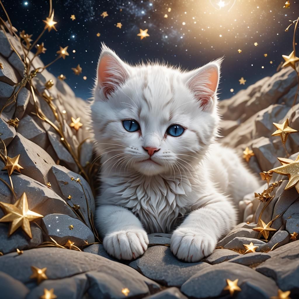 Cute Kitten Sleeping in Starlight: Fantasy Art