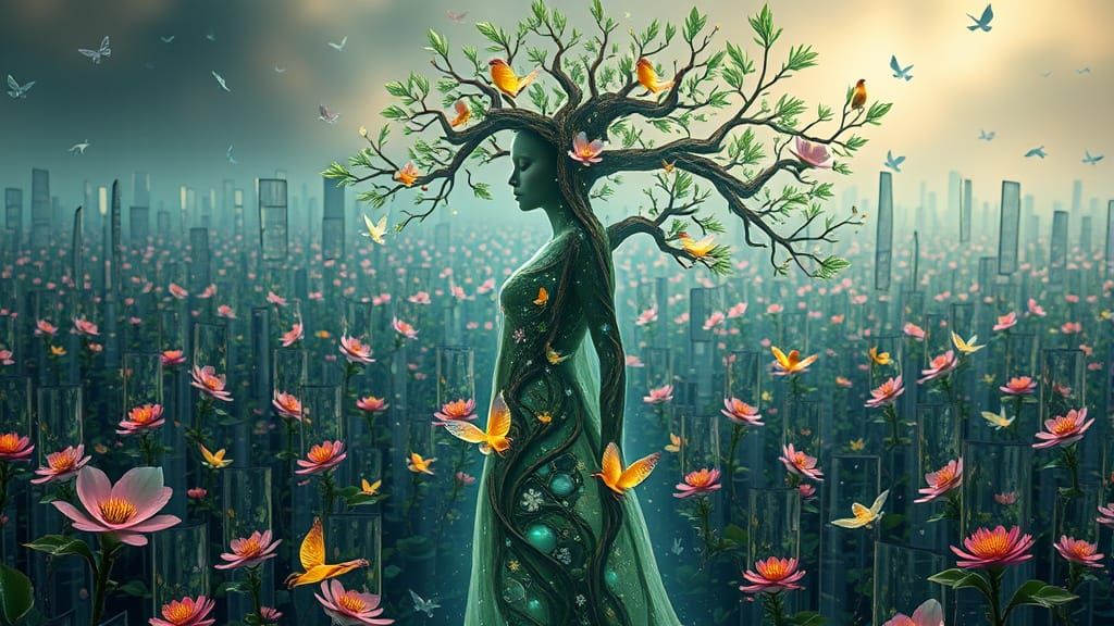 Mystical Goddess of Nature in Vibrant Springtime Garden