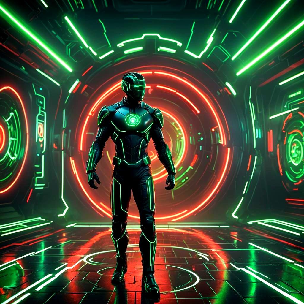 Superhero in Tron Suit Throws Disc: Digital Art
