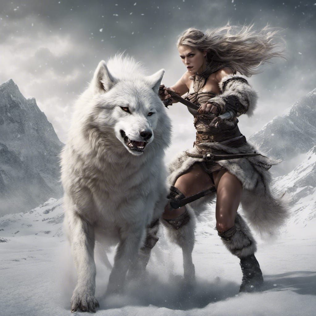Barbarian Woman Battles White Wolf in Snowy Landscape