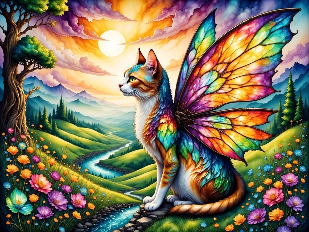Elegant Cat with Translucent Fairy Wings in a Vibrant Fantas...