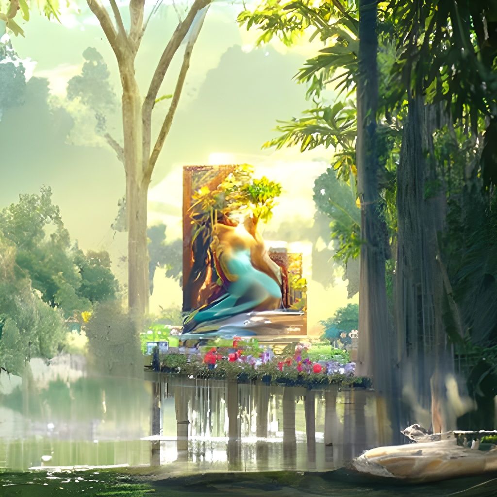 Venus Statue in Garden at Dusk: Cel-Shaded Art