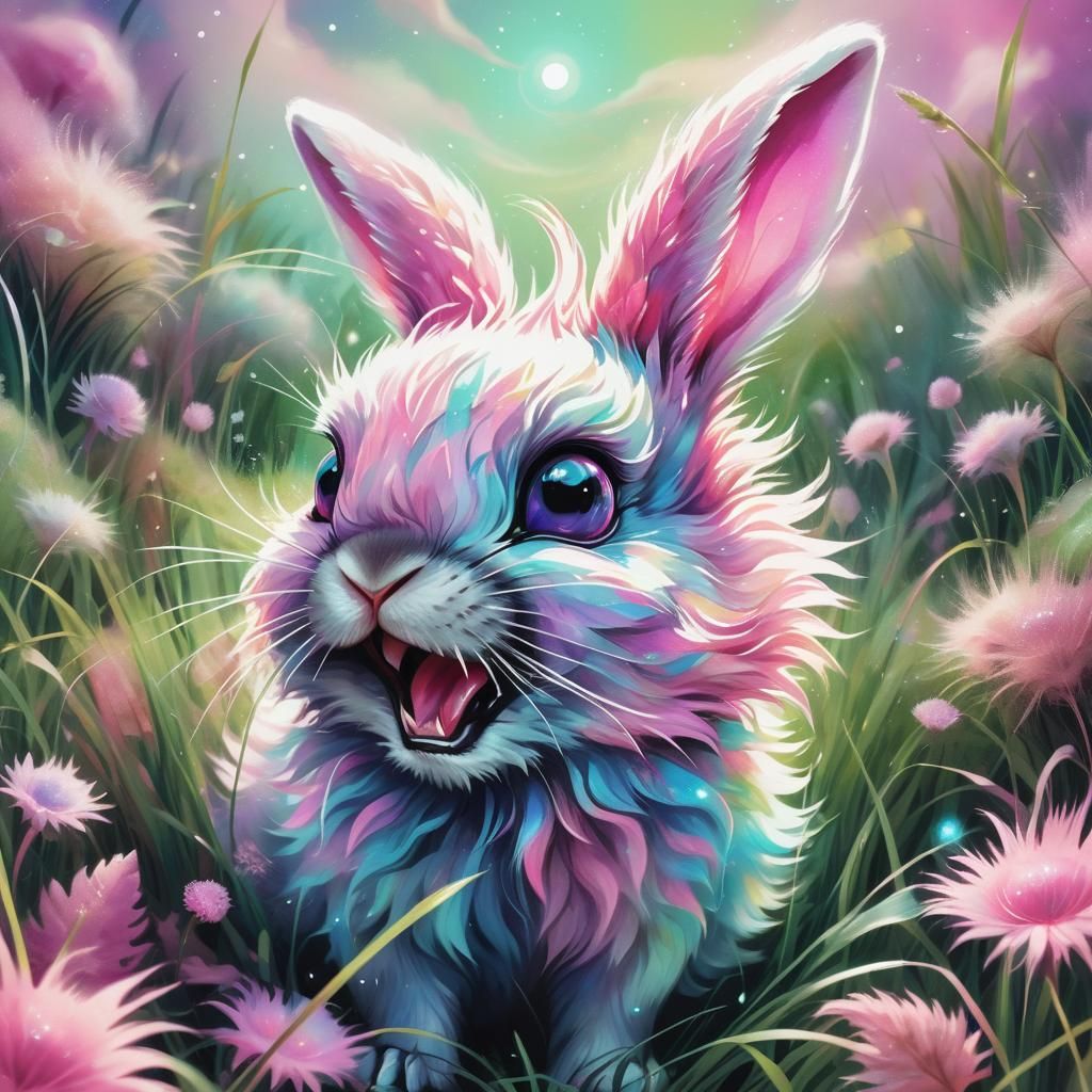 Cosmic Astral Rabbit with Sharp Teeth in Magic Realism