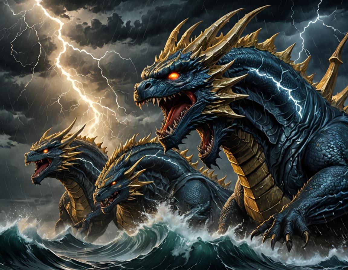 Ghidorah Roars in Stormy Seas: Kaiju Concept Art