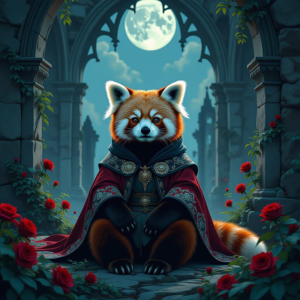 Red Panda Guardian in Gothic Ruins
