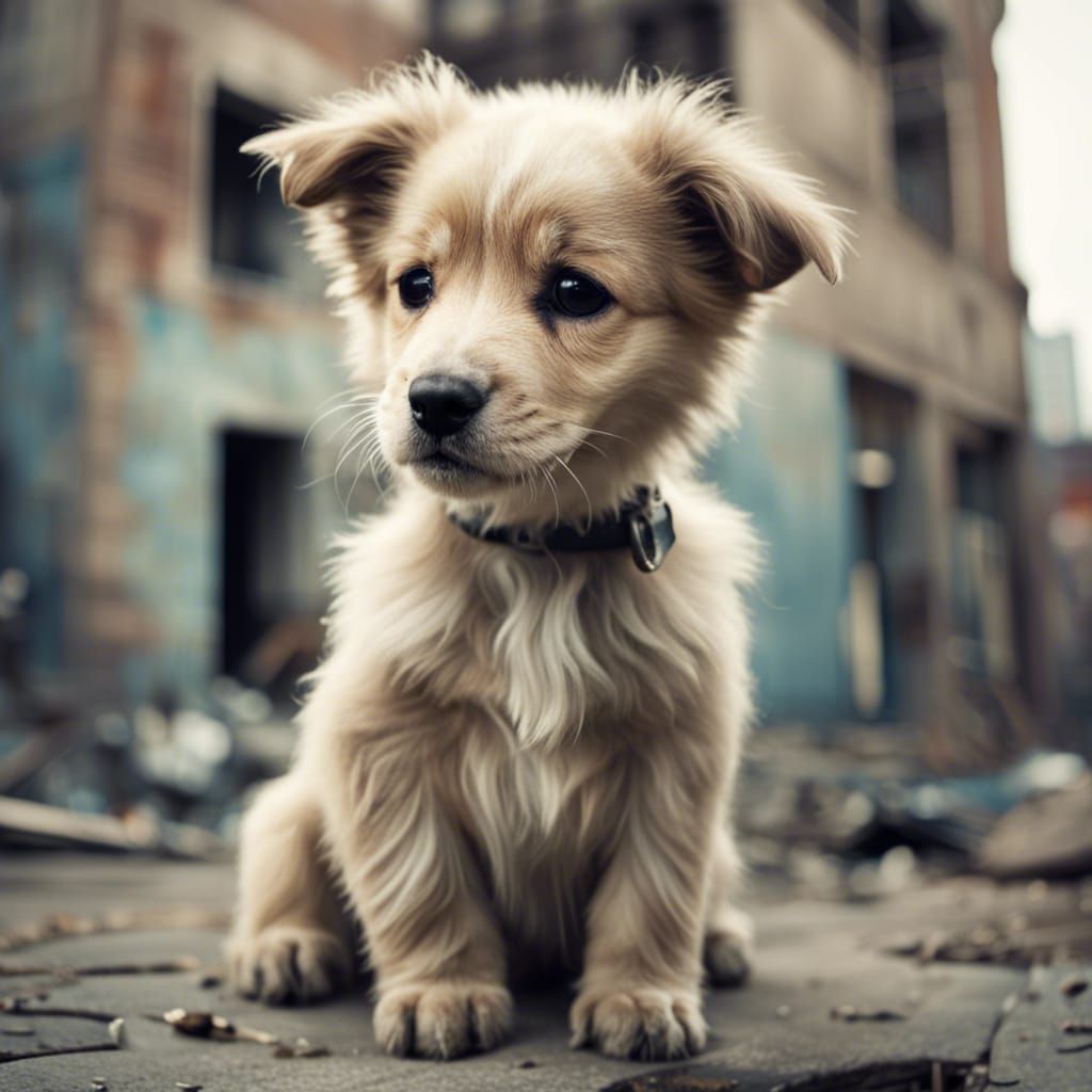 Sad Puppy in Abandoned Cityscape