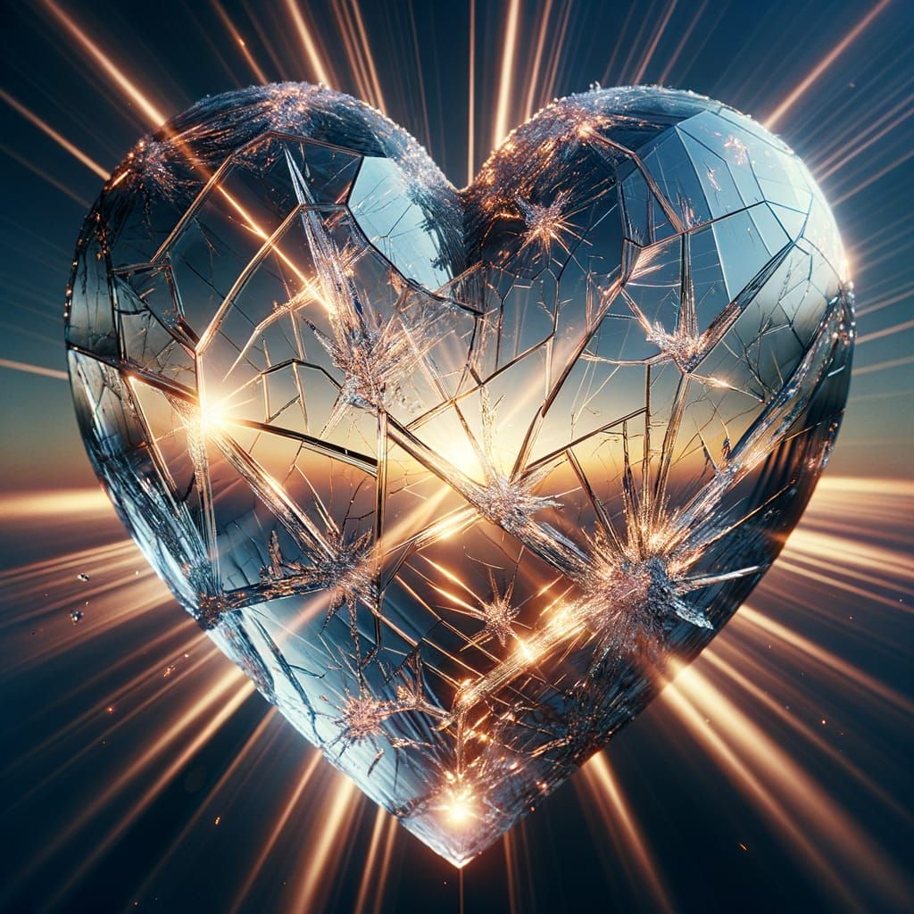 Crystal Heart Sunset: Hyperrealistic CGI Double Exposure