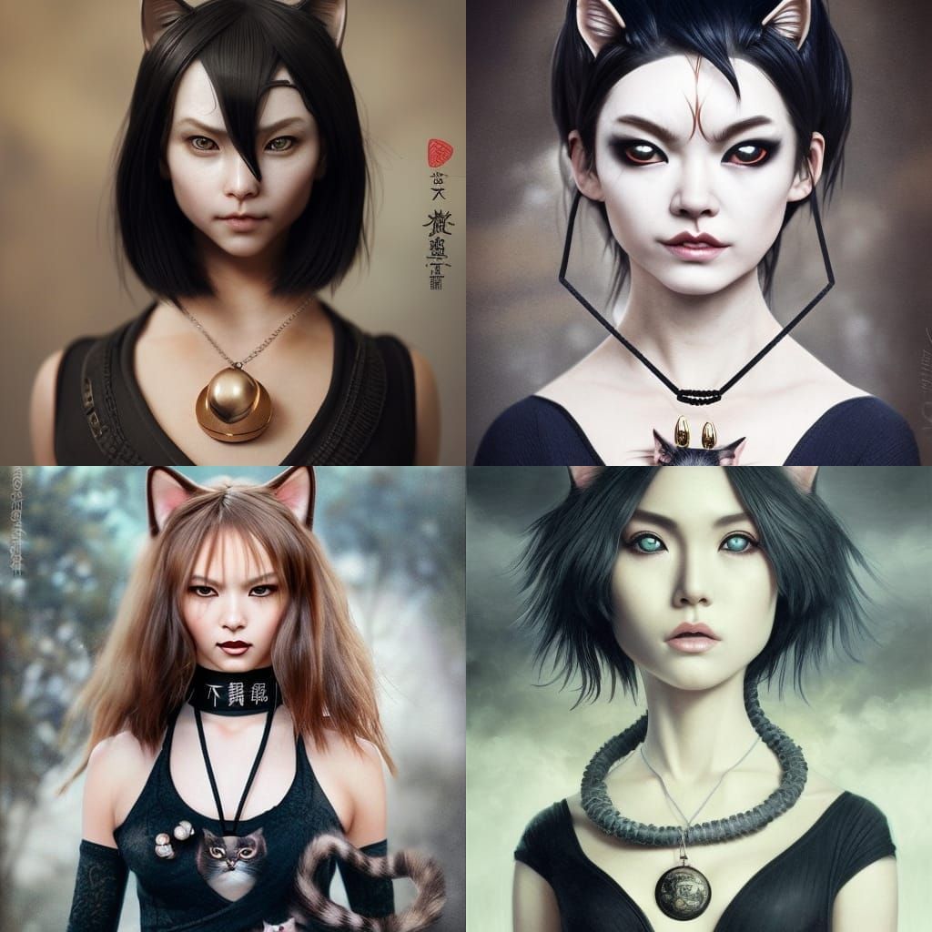 Detailed Japanese Cat Woman with Bell Necklace