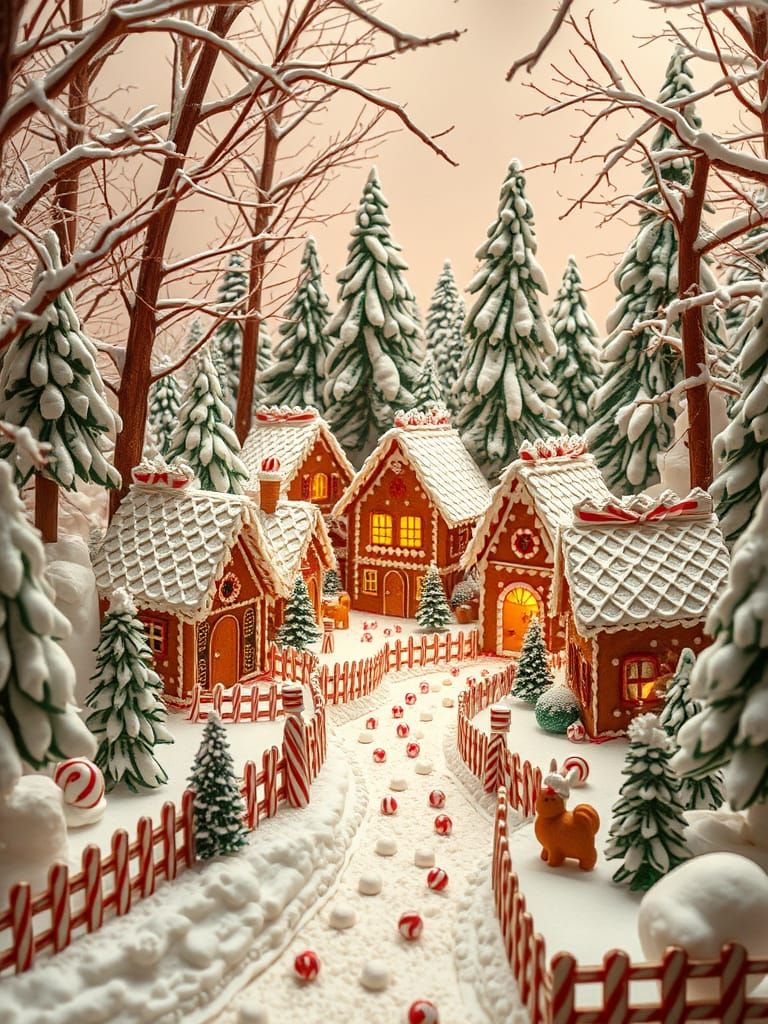 Whimsical Gingerbread Village in Winter Forest