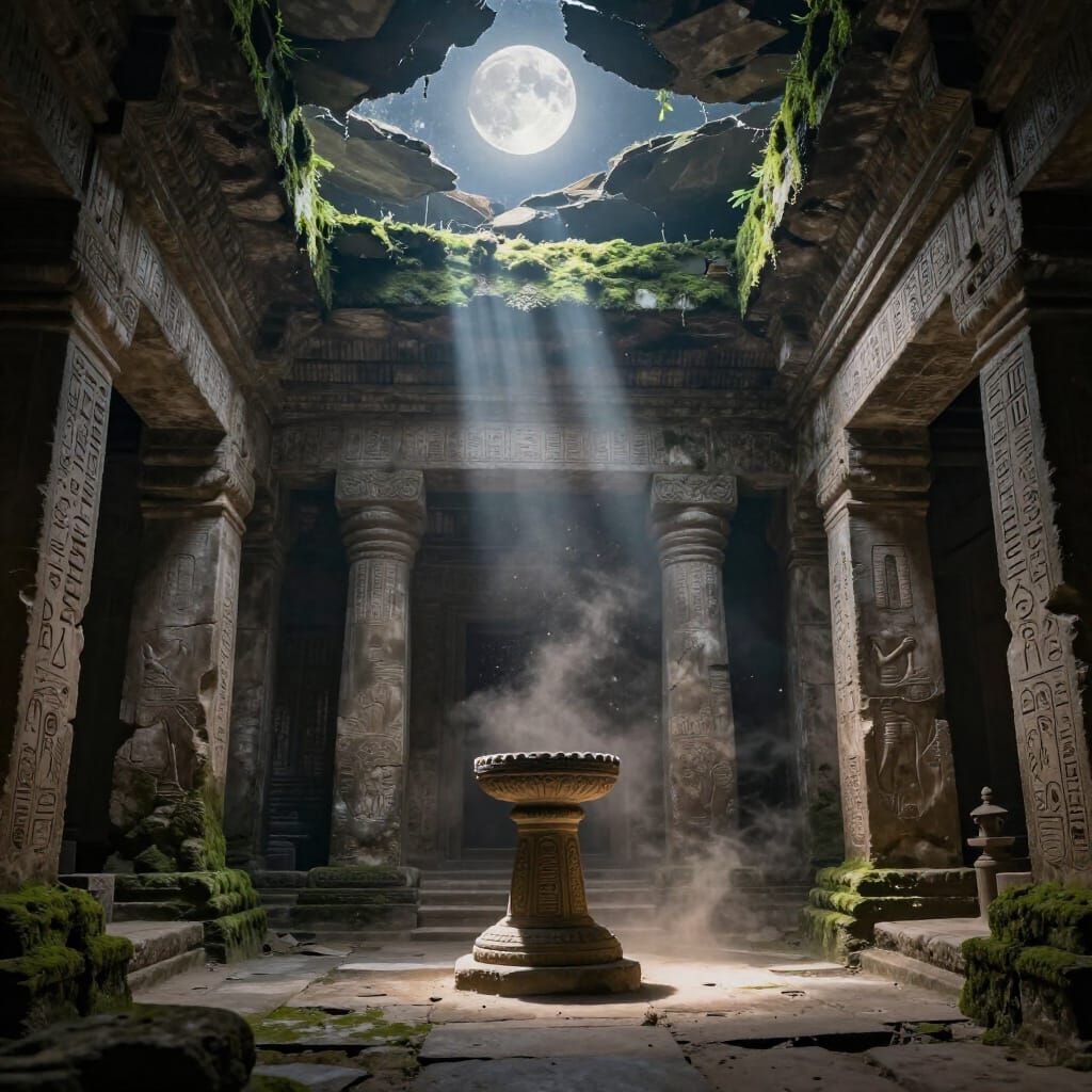 Moonlit Temple Interior with Hieroglyphs and Pedestal