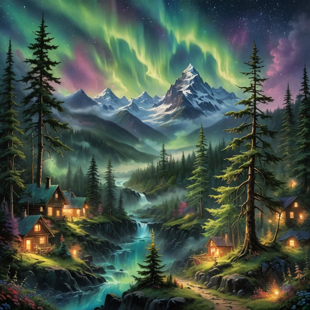 Alaskan Aurora Borealis Over Lush Forest