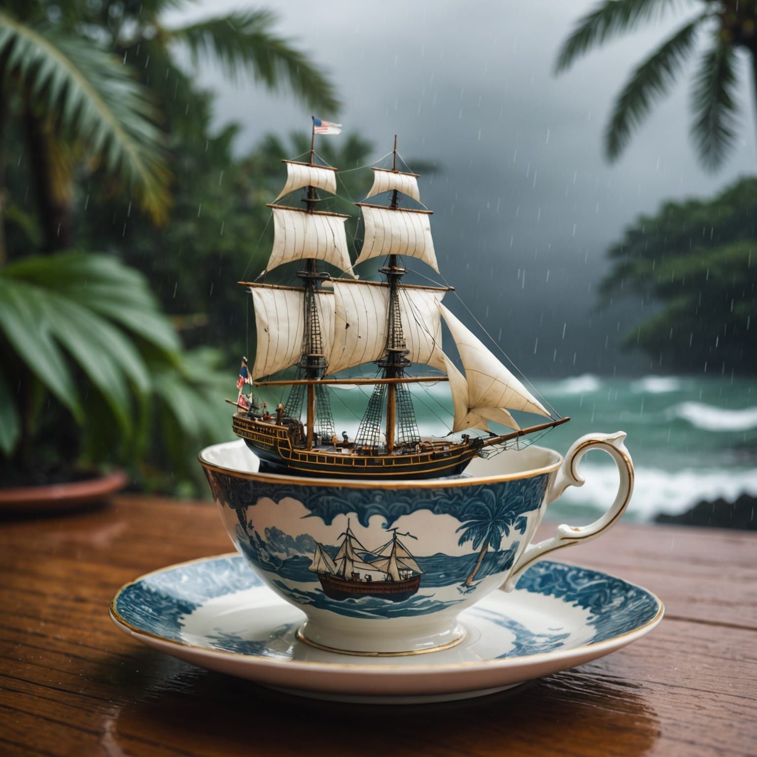 Tall Ship in Teacup Amid Tropical Storm