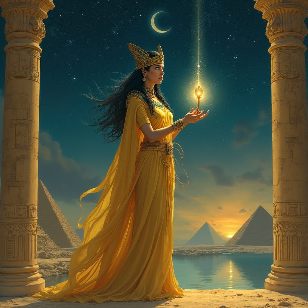 Egyptian Priestess Under Starry Sky