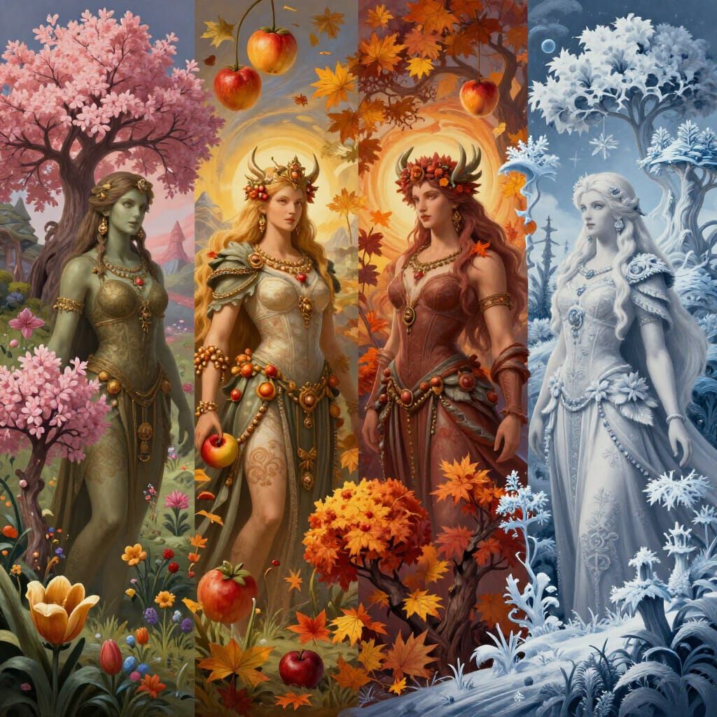 Four Seasons Personified as Majestic Beings in Fantastical L...