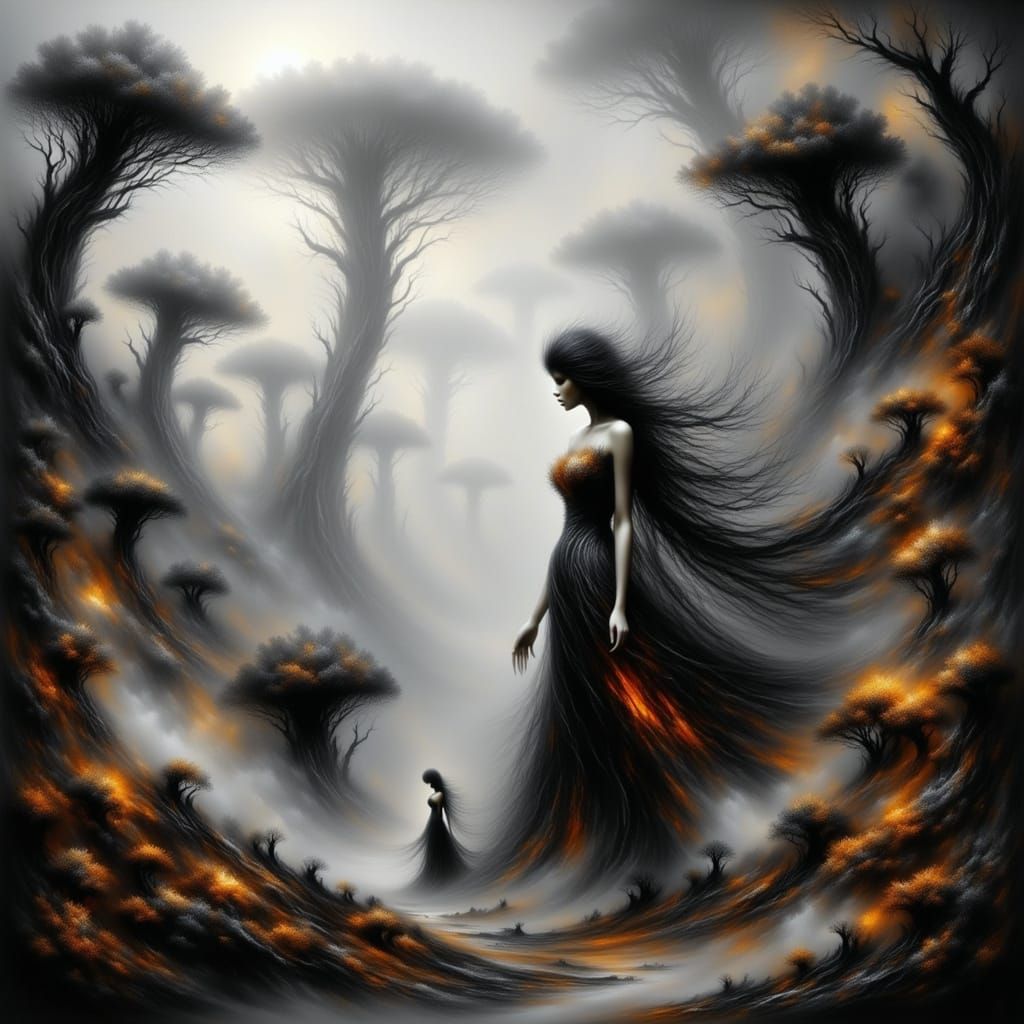 Mysterious Woman in Fungal Forest, Surreal Digital Art