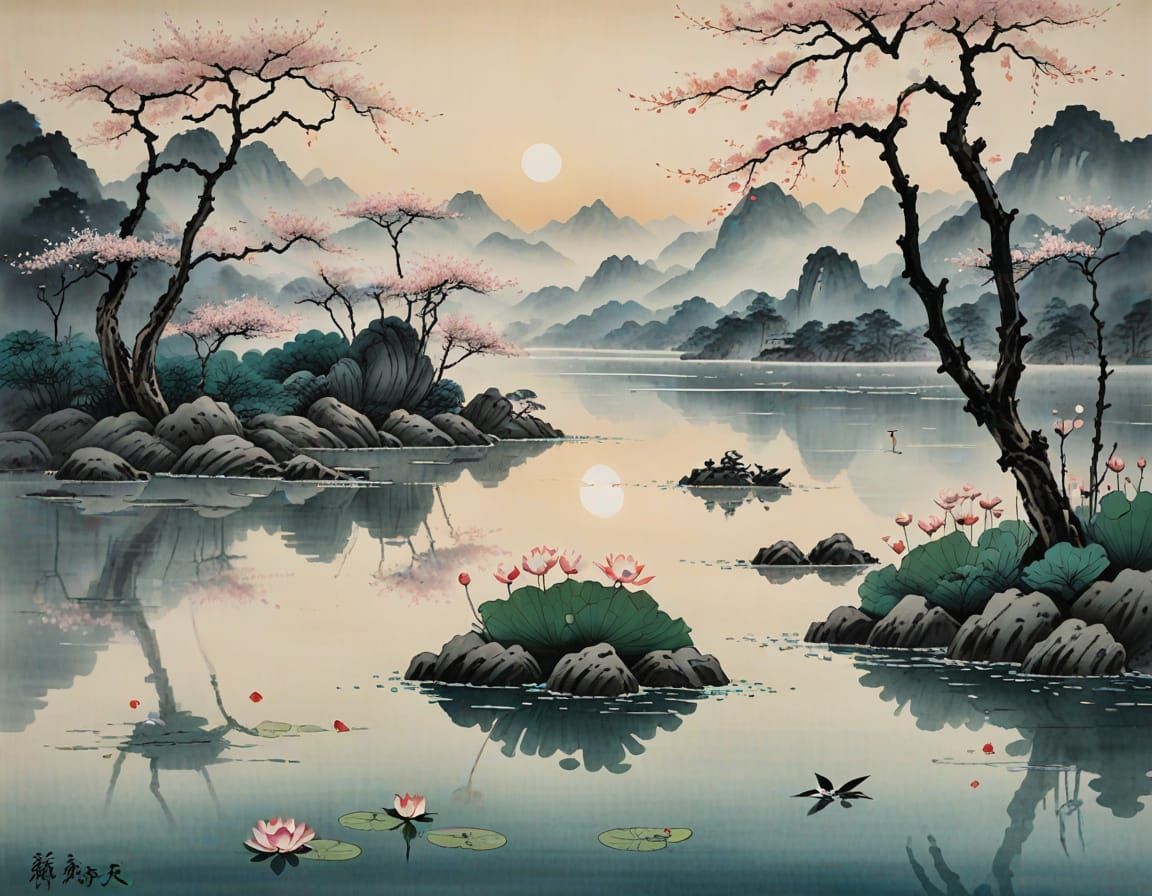 Serene Asian Landscape in Traditional Chinese Ink Painting S...