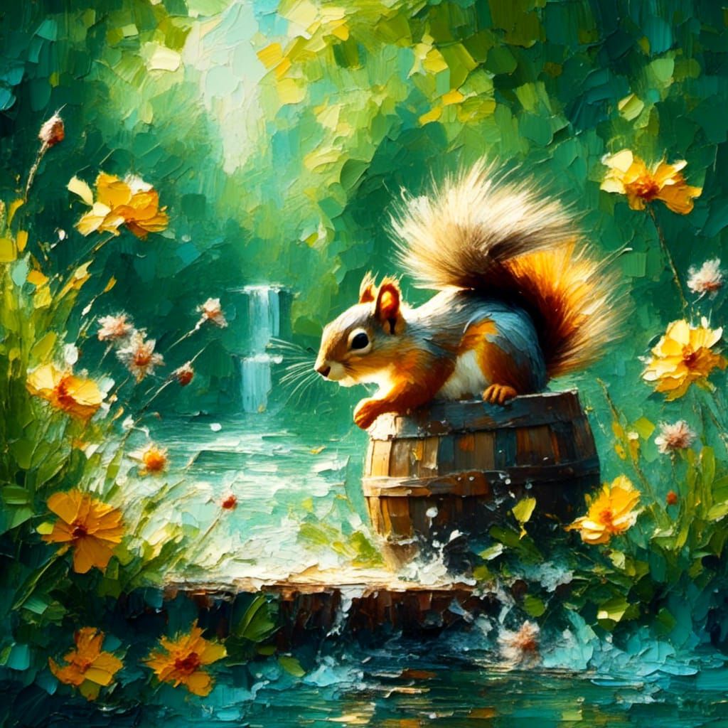 Squirrel in Beer Barrel: Impressionist Oil Painting