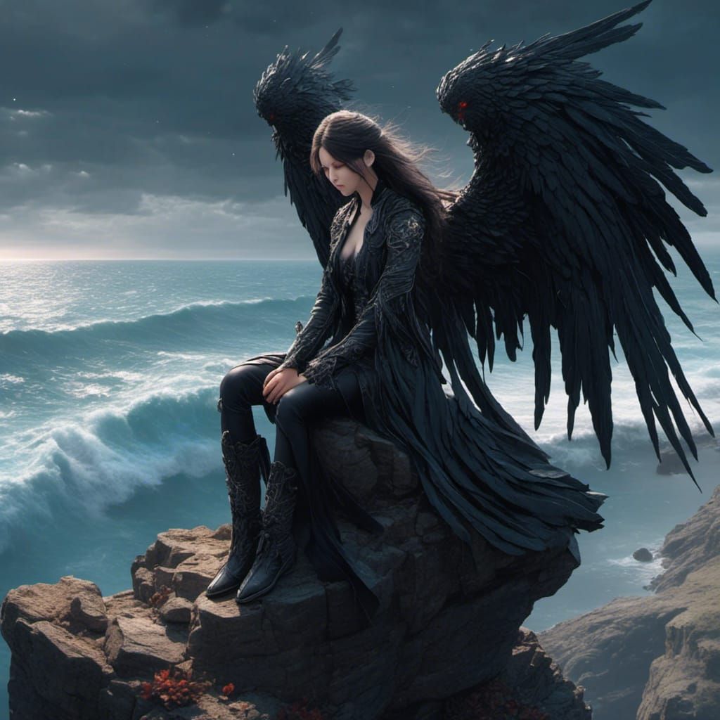 Dark Angel Contemplates the Ocean from Cliff