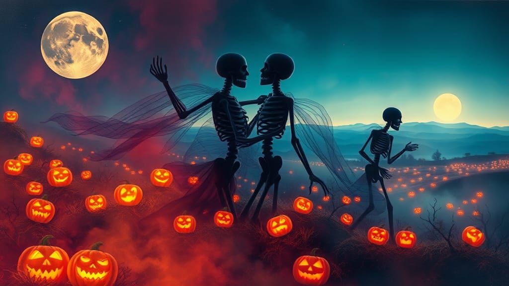 Ethereal Skeletons Dance in Double Exposure Landscape