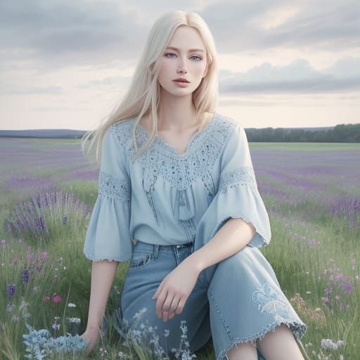 Young Woman in Meadow, Watercolor Painting