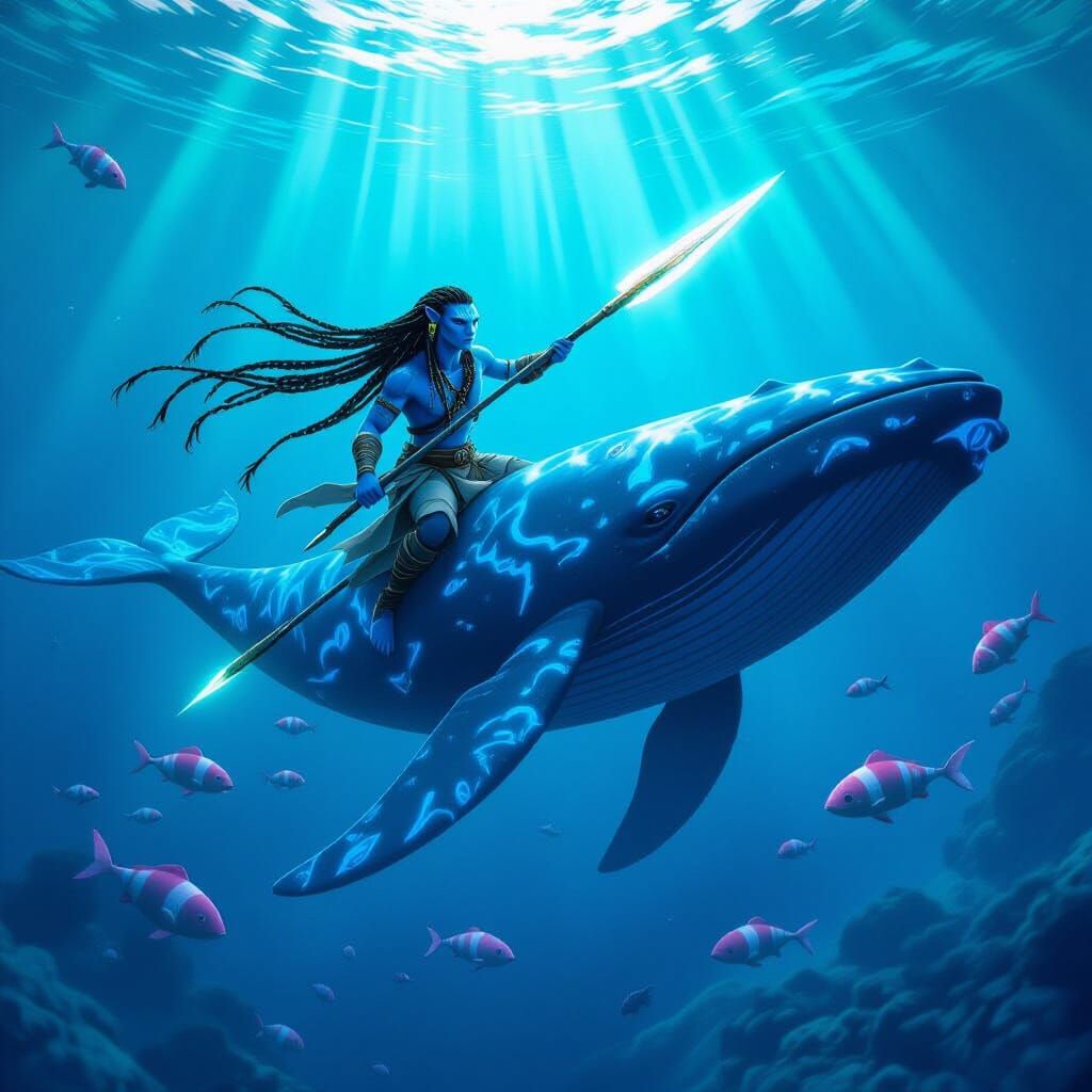 Na'vi Warrior Battles LABUBU Underwater in Epic Digital Art