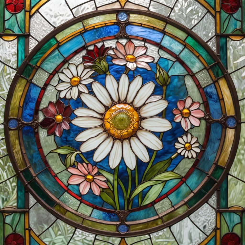 Stained Glass Daisy in Art Nouveau Style