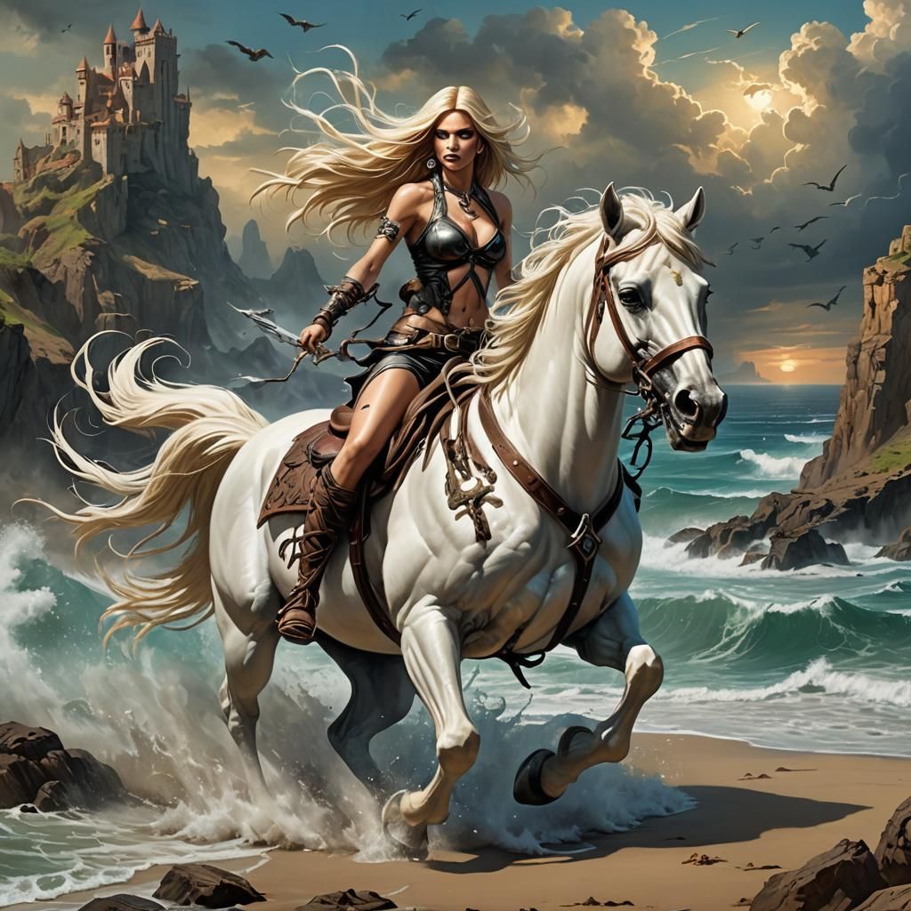 Fantasy Art of Woman Riding White Horse