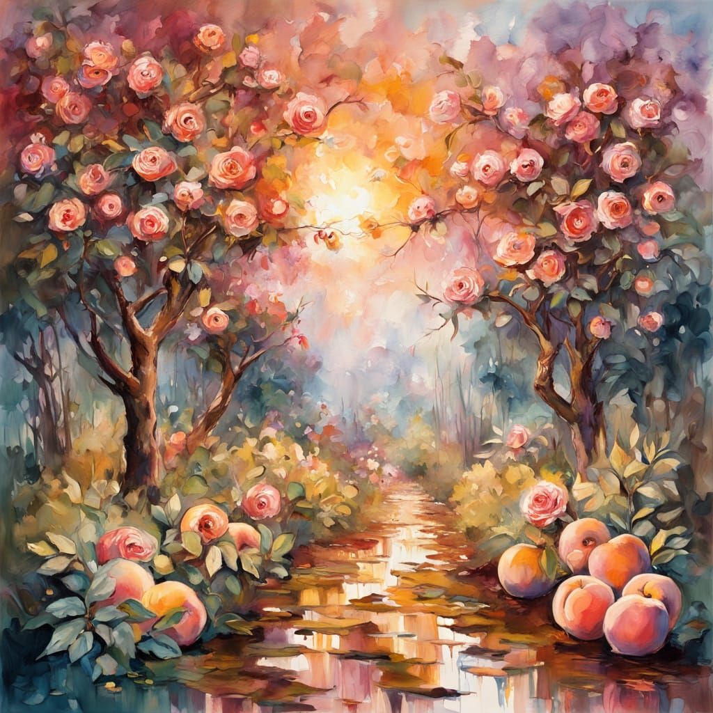 Bioluminescent Peach Tree Summerscape in Gouache Watercolor